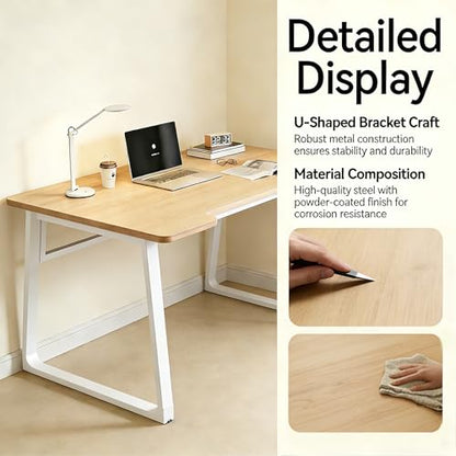 Computer Desk 39.4 Inch Small Office Desk with Wood Top and Metal Frame, Study Writing Desk for Home, Bedroom, Gaming, U-Shaped Leg Design, Modern Simple - color: Frame：white/Board：teak