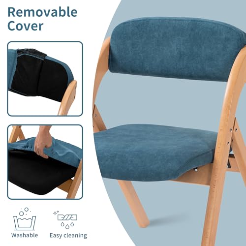 Folding Chairs with Cushion Padded Foldable Chiars 4 Pack | Wooden Dining Seat with Removable Cover Extra for Guests Kitchen Office Wedding Party Picnic, Smog Blue - color: Smog Blue, size: 4PCS