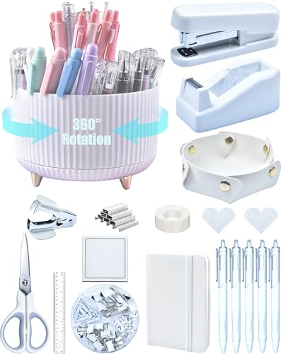 LXEVIHK White Desk Accessories, Office Supplies 360°Pen Holder Desk Organizers, With Tape Dispenser, Stapler, Staple Remover, Ect, Infuse Your Space With Porcelain Serenity, Back to School - color: White