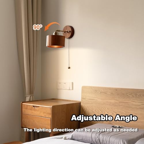 Wood Wall Sconce with Pull Chain Adjustable Swing Arm Natural Or Walnut Wood Cylinder Shade Brass Accent Wall Lamp for Bedroom Living Room Hallway Reading Nook(Wood) - color: Wood