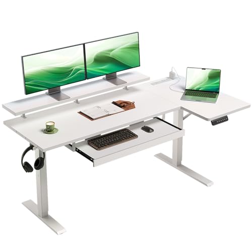 OffiGo 55 Inch Reversible L Shaped Electric Standing Desk, White | Monitor Stand, Keyboard Tray, Power Outlets, 3 Memory Presets, Corner Stand Up Desk for Ergonomic Home Office, Workstaion - color: White, size: 55 Inch