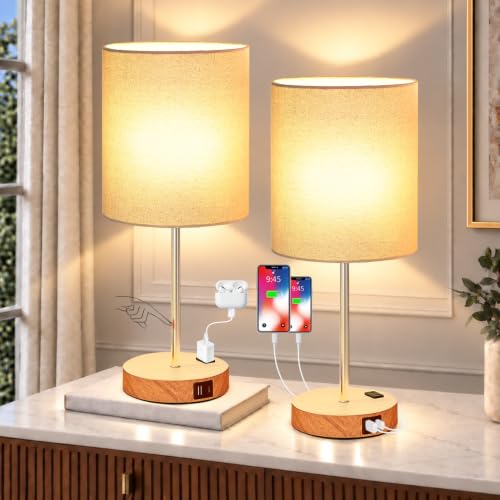 Lynnoland Set of 2 Touch Wood Table Lamps, Bedroom Lamps with 2 USB AC Outlet, 3-Way Dimmable Bedside Nightstand Lamps for Bedroom Living Room Nursery, 800 Lumens 2700K Bulbs Included - color: Cream & Wood (Base) - 2700K