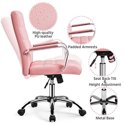 Yaheetech Pink Office Chair PU Leather Swivel Rocking Desk Seat with Arms | Foam-padded channel-stitched PU leather back supports desk hours; chrome frame rocks, adjusts in height, rolls on casters. - color: Pink