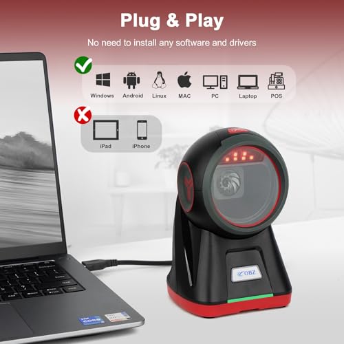 OBZ 2D Handsfree Barcode Scanner,Omnidirectional QR Code Reader,Wired USB Scanners for Computers,Automatic Sensing Desktop Scanner for Windows Mac Linux,Drop-Resistant for Retail Store POS - style: Hands-Free Scanner