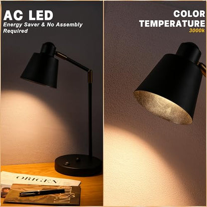Anxingtools LED Desk Lamp with Dual USB Charging Ports, 100% Metal, 270° Swivel Arms, Soft White Light (3000K), Bedside Reading Lamp, Home Office Lamp (Black) - color: Black