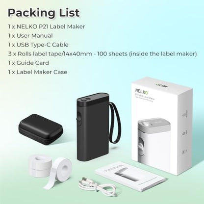 Nelko Label Maker Machine, P21 Label Printer with 3 Tapes & Case, Black | Creative App & Multiple Templates, Inkless Printing, Built-in Cutter, Ideal for School, Teacher Supplies, Office, and Home - color: Black