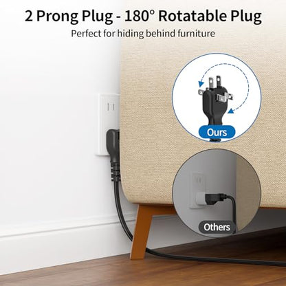 NTONPOWER 2 Prong Power Strip, 1875W 2 Prong to 3 Prong Outlet Adapter, 2 Prong Extension Cord 5 ft, Rotating Plug, Wall Mount, 3 Outlet 2 USB A+2 USB C, Two Power Strip for Travel, Older House, Dorm - size: 5 ft