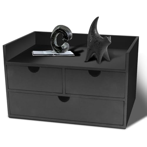 Charmewooden Bamboo Desk Organizer With Drawers Countertop Drawers Counter Storage Box Corner Desk Organizer for Home Office No Assembly Required - color: Black-3 drawers with shelf