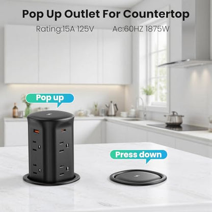 VILONG Pop Up Countertop Outlet with 15W Wireless Charger,4 USB/8 AC - color: Black, size: 65W