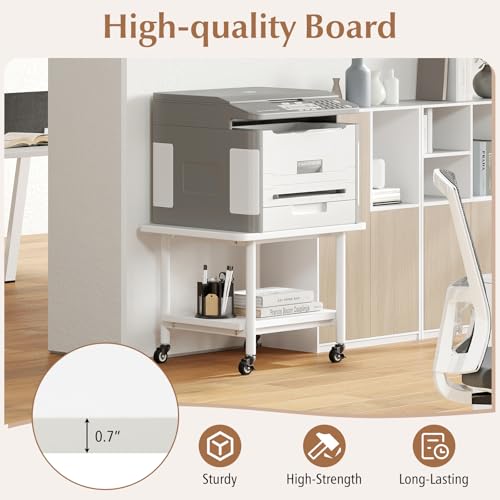 GOFLAME Under Desk Printer Stand, 2-Tier Mobile Printer Table with Storage Shelf, Metal Frame, Rolling Printer Cart Holder Storage Rack with Lockable Wheels for Home Office, White - color: White
