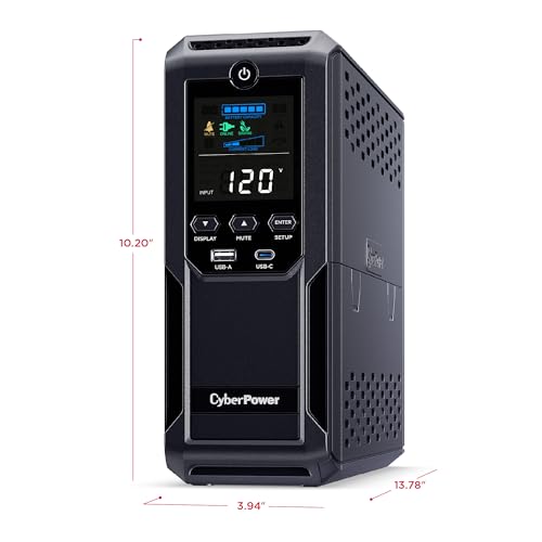 CyberPower CP1500AVRLCD3 Intelligent LCD UPS Battery Backup | 1500VA/900W, 12 Outlets, 2 USB Ports, AVR, Mini Tower, UL Certified - size: 1500VA with USB