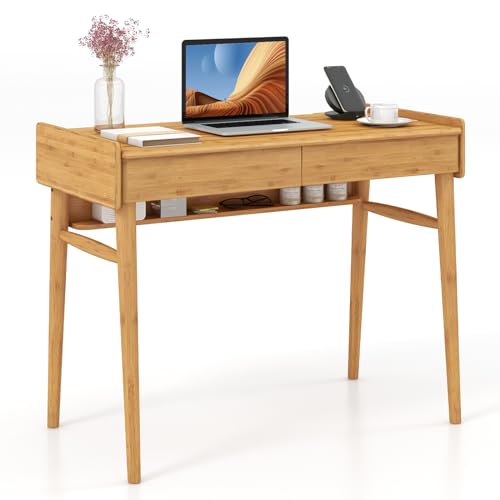 GIANTEX Computer Desk, 39.5" Bamboo Home Office Desk with 2 Storage Drawers and Open Shelf, Makeup Table Vanity Desk, Modern Writing Desk Computer Workstation for Bedroom, Study, Natural - color: Natural