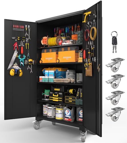Upgraded Tall & Wide Metal Storage Cabinet with Doors & 4 Adjustable Shelves | Heavy-Duty Black Lockable Garage Cabinet with Wheels & Pegboard for Office, Gym, Basement, Warehouse (Black) - color: Black- Large