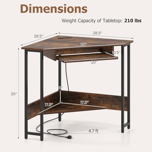 Tangkula Corner Desk with Keyboard Tray, 90-Degree Triangle Corner Computer Desk for Small Space, Industrial Writing Desk with Storage Shelf, Space-Saving Laptop PC Desk (Rustic Brown)