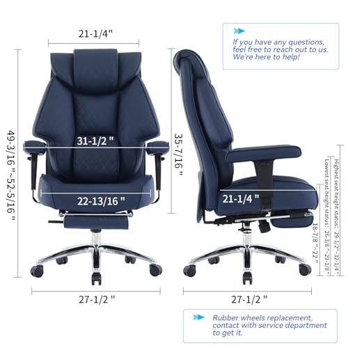 EXCEBET 400lbs Big and Tall Executive Office Chair, Blue PU Leather | Retractable footrest, 135° recline, Lumbar support, Ergonomic high back, Heavy-duty design, Thick cushion, Padded armrests - color: Navy Blue