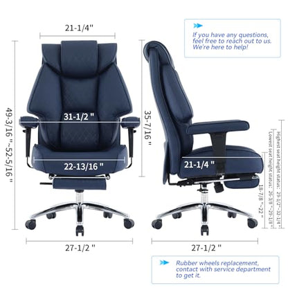 EXCEBET 400lbs Big and Tall Executive Office Chair, Blue PU Leather | Retractable footrest, 135° recline, Lumbar support, Ergonomic high back, Heavy-duty design, Thick cushion, Padded armrests - color: Navy Blue