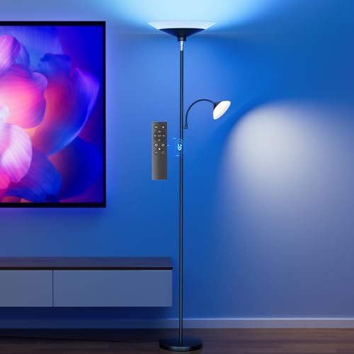 SIBRILLE RGB Torchiere Floor Lamp - 2 Way Dimmable LED Standing Lamp with Remote&Button Control, 34W Rotatable Floor Reading Light, 72'' Tall Modern Corner Lamp for Living Room Bedroom Office, Black - color: RGB (Red, Green, Blue)