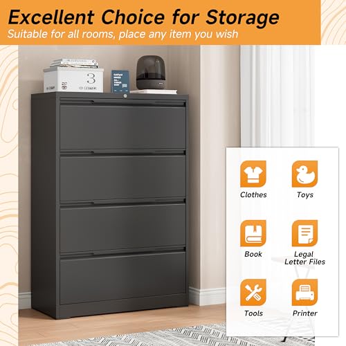 Bestoo 4 Drawer File Cabinet, Metal Lateral Filing Cabinet with Lock - color: Black, size: 4 Drawer 15.7" D x 35.4" W x 51.8" H