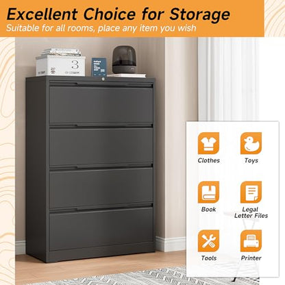 Bestoo 4 Drawer File Cabinet, Metal Lateral Filing Cabinet with Lock - color: Black, size: 4 Drawer 15.7" D x 35.4" W x 51.8" H