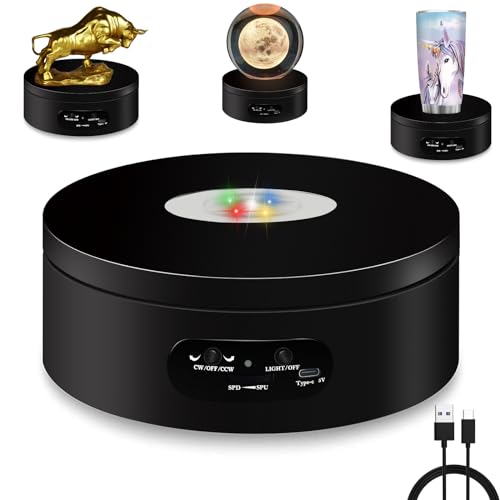 YVV LED Rotating Display Stand, Lighted Base-Crystal Glass Art, 360 Degree Automatic Mute Rotating Turntable, Motorized Display Stand with Colorful Lights, Tumbler Supplies Spinner 4.72in