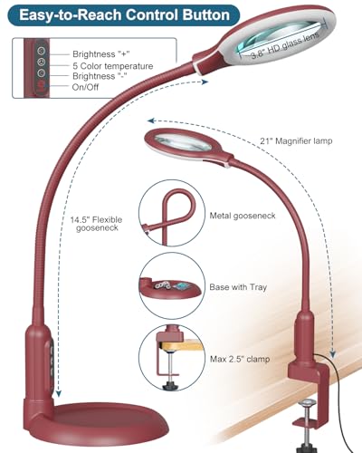 12X Magnifying Glass with Light and Stand, Real Glass, LED 5 Color Modes, Brightness Stepless Dimming Lighted Magnifier Hands Free, Flexible Gooseneck Desk Lamp with Clamp for Close Work, Craft, Red - color: Red