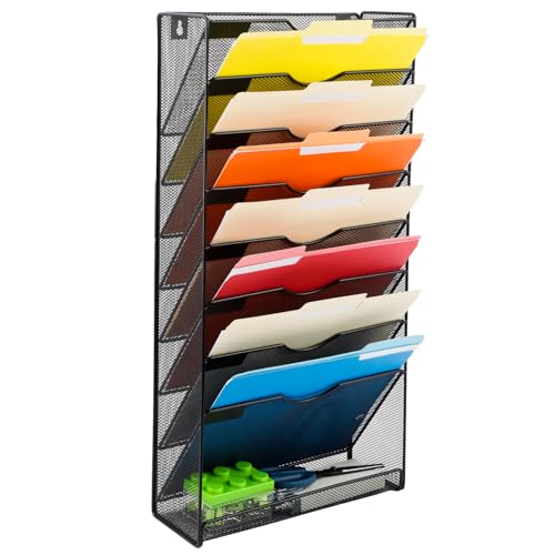 Desk File Organizer Mesh 9-Tier, Hanging Wall Mount Document Organization Stand, Desktop Vertical Mail Paper Folder Holder Rack with Bottom Tray for Office Home Cubicle Countertop, Black - color: Black, size: 8 Tier Upgrade