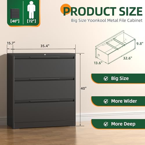 Lateral File Cabinet 3 Drawer, Metal File Cabinet with Lock - color: Black, size: 3 Drawer - Lateral