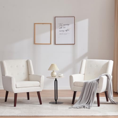 HUIMO Living Room Chairs Set of 2,Upholstered Button Linen Accent Chair | Mid Century Fabric Modern Armchair,Comfy Arm Club Sofa Chairs for Living Room Reading Bedroom,Waiting Room Beige 2PCS - color: Beige