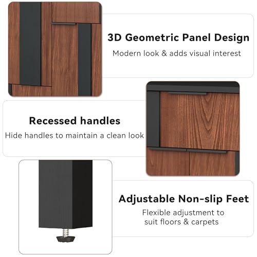 Modern Sideboard Cabinet with 3D Geometric Doors, 54 inch TV Cabinet with 4 Door and 3 Drawers, Buffet Storage Credenza for Living Room, Kitchen (Walnut)