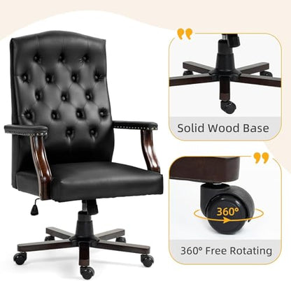 Tufted Office Chair, Faux Leather Executive Desk Chair w/High Back & Nail Head Trim,Ergonomic Wingback PC Chair for Home Living Room (Black) - color: Black