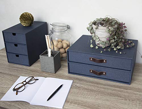 Bigso Birger 2-Drawer Canvas Fiberboard Easy Pull Handle Document Letter Box | Desktop Drawers for Loose Papers and Documents | Desktop Storage Drawers with Leather Handles | 13.1” x 10” x 5.7” | Blue - color: Blue