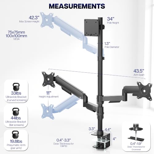 VIVO Triple Monitor Desk Mount, 32 to 49 inch Ultrawide Screens, One Fixed Screen and Two Mechanical Arms for Gaming and Office Setups, Max VESA 100x100, Holds up to 83.6 lbs, Black, STAND-V123TG