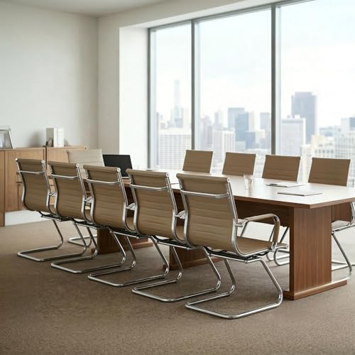 Waiting Room Chairs Set of 8, Office Desk Chair No Wheels, PU Leather Computer Chairs Mid Back Guest Chairs for School Reception Conference, Light Brown - color: Light Brown, size: 8PCS