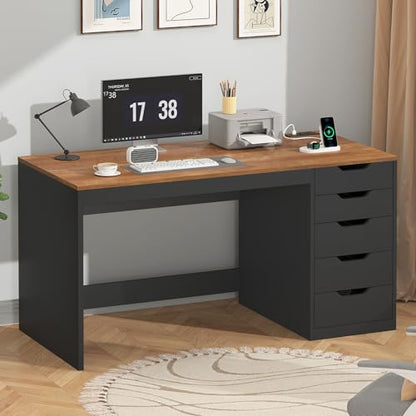 47 Inch Computer Desk with 5 Drawers and Power Outlets for Small Spaces - color: Brown and Black, size: 47inch-5drawers