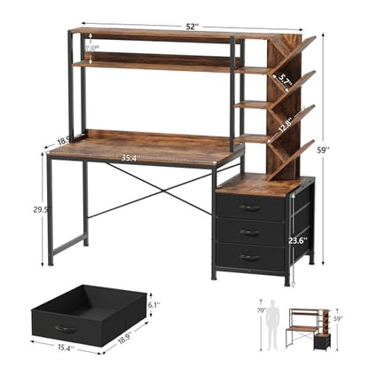 YOMILUVE 52" Computer Desk with Bookshelf, 3 Drawers ＆ Hutch for Bedroom | Office Desk with Printer Shelf, Study Writing Desk with Storage Shelves, Rustic Brown - color: Rustic Brown