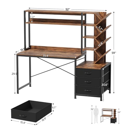 YOMILUVE 52" Computer Desk with Bookshelf, 3 Drawers ＆ Hutch for Bedroom | Office Desk with Printer Shelf, Study Writing Desk with Storage Shelves, Rustic Brown - color: Rustic Brown