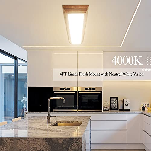 4FT LED Light Fixture with 3000K/4000K/5000K CCT Selectable Dimmable 4 Foot LED Linear with Wooden Look 50W 5500LM Flush Mount Ceiling Wraparound for Kitchen, Bedroom, Laundry, 2 Pack - size: 4FT | 2 Pack