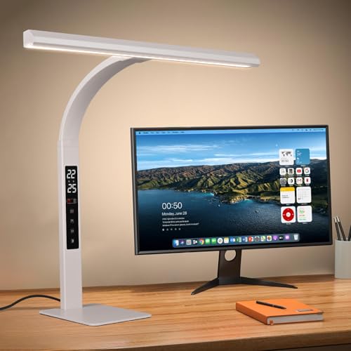 LED desk lamp for home office, architect computer work light,Touch color temperature stepless dimming and adjustable flexible gooseneck tube. desk lamp with clock , suitable for reading and studying. - color: White