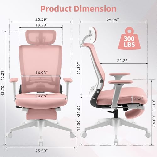 Ergonomic Foldable Office Chair with Footrest and Lumbar Support, Pink | Compact desk chair with space-saving folding design, 2D headrest, 2D armrests, computer cahirs for home office - color: Pink