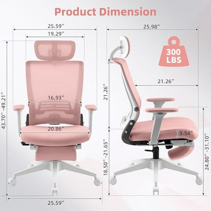 Ergonomic Foldable Office Chair with Footrest and Lumbar Support, Pink | Compact desk chair with space-saving folding design, 2D headrest, 2D armrests, computer cahirs for home office - color: Pink