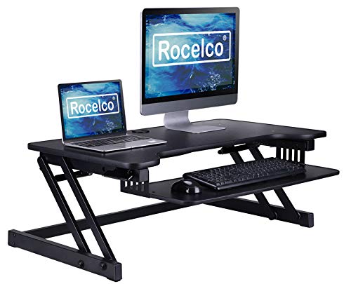 Rocelco 37.5" Deluxe Height Adjustable Standing Desk Converter - Quick Sit Stand Up Dual Monitor Riser - Gas Spring Assist Computer Workstation - Large Retractable Keyboard Tray - Black (R DADRB) - color: Black, size: 37.5", style: Riser Only