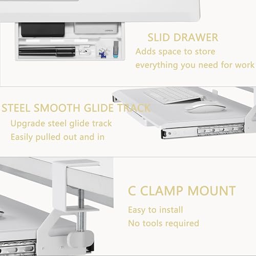 ETHU Small Keyboard Tray Under Desk with Metal Rail, 19.7x11.8", White | Slide Out Ergonomic Keyboard Drawer, Pull Out Keyboard Tray for Home Office Desk, Suitable Max Desk Thickness 1.96" - color: White