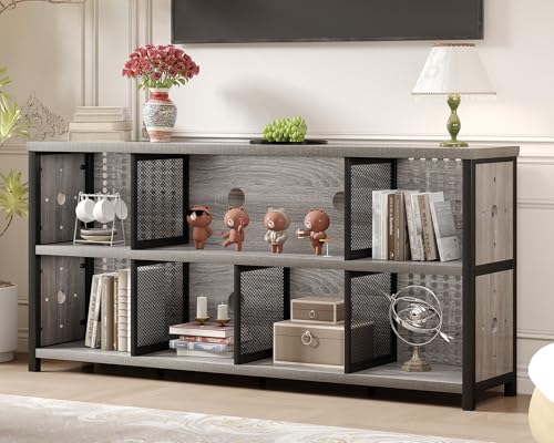 LVB Industrial Cube Bookcase, Horizontal Bookshelf, Light Grey Oak 63 in | 4 5 6 7 8 Wood Metal Bookshelves, Modern Wide Organizer Storage Shelf, Large Long Book Shelf for Office Bedroom Living Room - color: Light Grey Oak