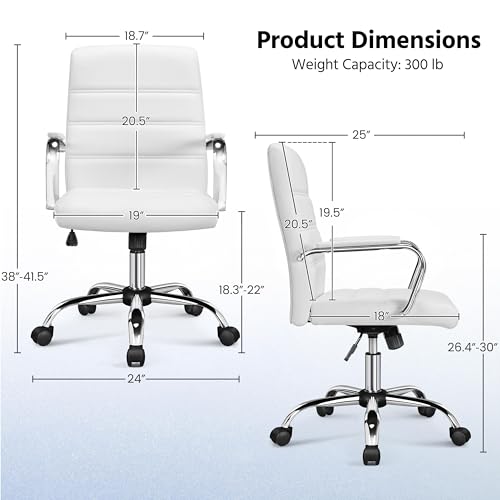 Yaheetech White Office Chair PU Leather Swivel Rocking Desk Seat with Arms | Foam-padded channel-stitched PU leather back supports desk hours; chrome frame rocks, adjusts in height, rolls on casters. - color: White