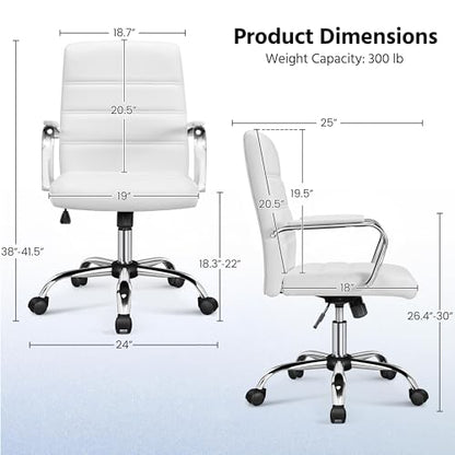 Yaheetech White Office Chair PU Leather Swivel Rocking Desk Seat with Arms | Foam-padded channel-stitched PU leather back supports desk hours; chrome frame rocks, adjusts in height, rolls on casters. - color: White