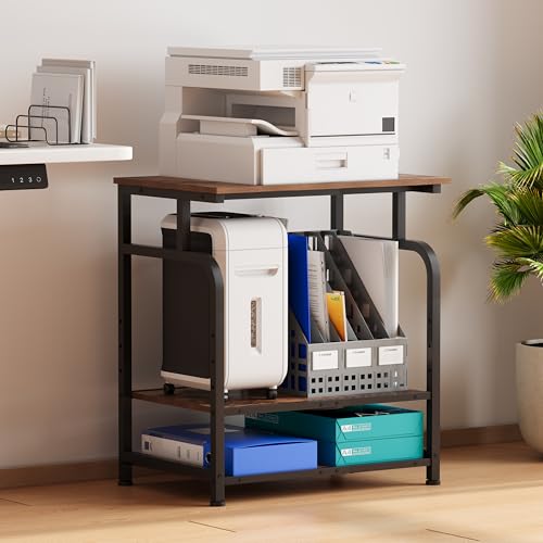 Unionly Large Rolling Printer Stand with Height Adjustable Shelf and Wheels | 3-Tier Rolling Printer Cart with Wheels, Heavy-Duty Wood Printer Table with strudy steel frame for Home Office,Rustic Brown - color: Rustic Brown