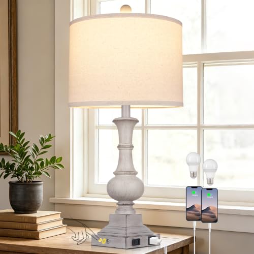 26" Tall Farmhouse Table Lamp for Bedroom, Vintage Touch Control Bedside Lamp for Living Room with USB A/C Charging Ports & AC Outlets,Rustic 3-Way Dimmable Nightstand Lamp for Side Table Antique Gray - color: Retro Gray - 26"H - 1 Pack