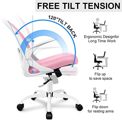 Office Chair Ergonomic Desk Chair with Flip up Armrests Swivel Breathable Desk Mesh Computer Chair with Adjustable Lumbar Support and Height for Conference Room (Pink) - color: Pink