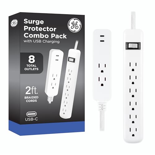 GE Surge Protector Power Strip with USB Ports, Combo Pack | 2 Ft Braided Extension Cords, 245 Joules, 6 Outlet & 2 Outlet Extender, 2 USB-C, Flat Plugs, ETL Certified, White, 86076 - size: 2 Ft Combo Pack
