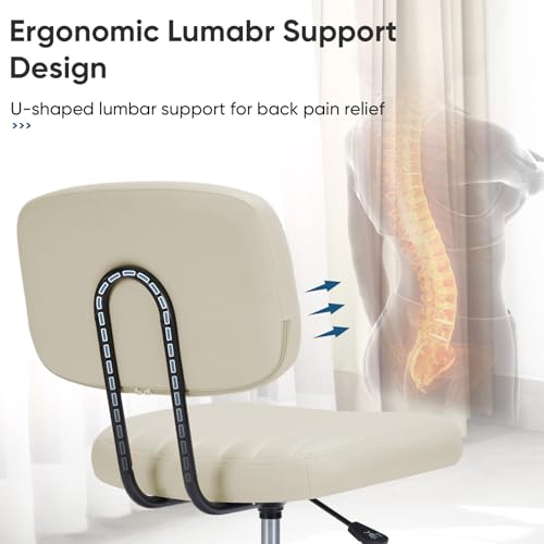 DUMOS Armless Home Office Chair: Small Desk Chair with Low Back Lumbar Support, Height Adjustable PU Leather Computer Task with 360° Swivel Wheels, for Adults, Beige - color: Beige